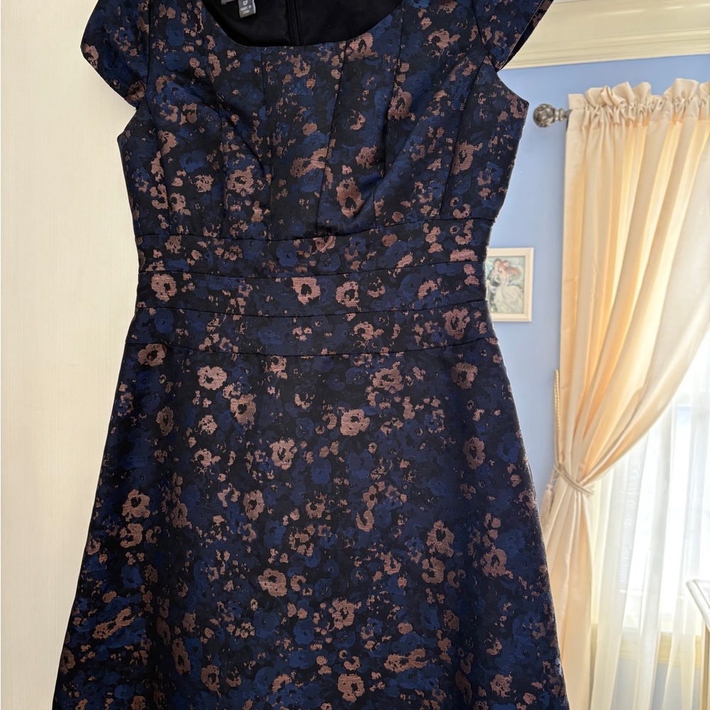 Donna Ricco Navy Blue Jacquard Floral Dressy Dress